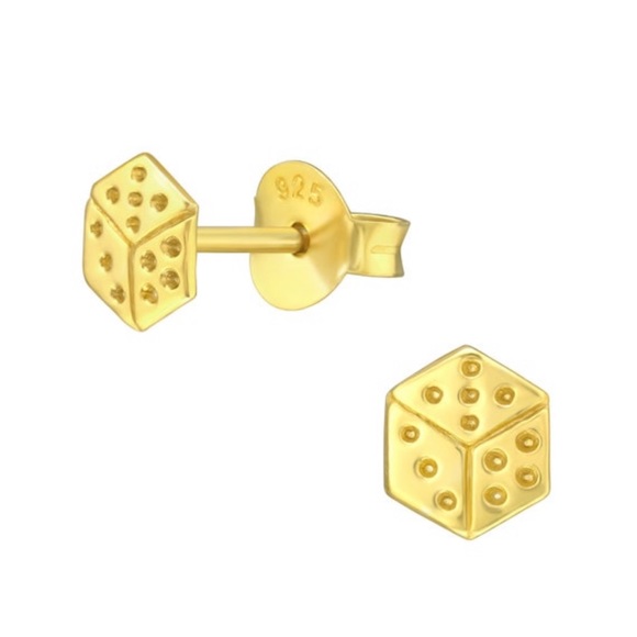 18k Gold tiny dice stud earrings over 925 Sterling silver - Picture 5 of 5